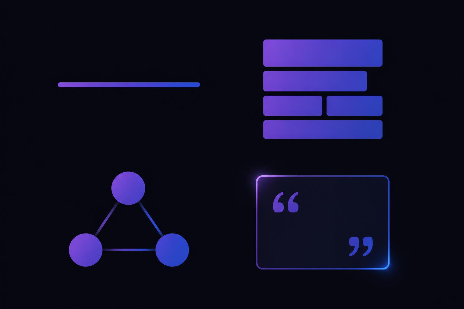 Four abstract symbols on a dark background representing the AI Readability Score dimensions: Sentence Clarity, Structural Organization, Entity Consistency, and Answer Readiness.